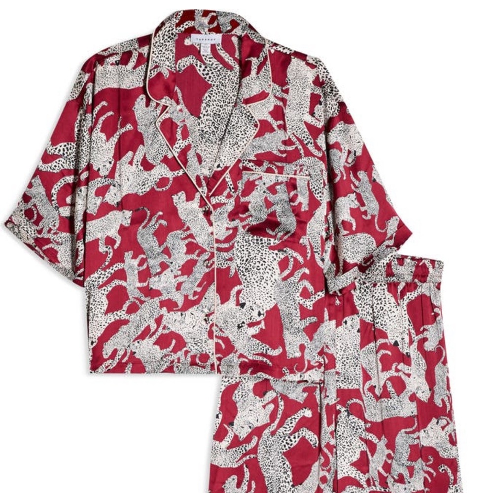 Topshop Leopard Print Satin Pajamas (Burgundy)